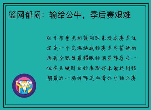 篮网郁闷：输给公牛，季后赛艰难