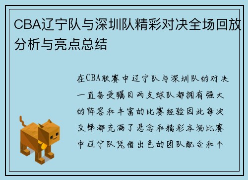 CBA辽宁队与深圳队精彩对决全场回放分析与亮点总结